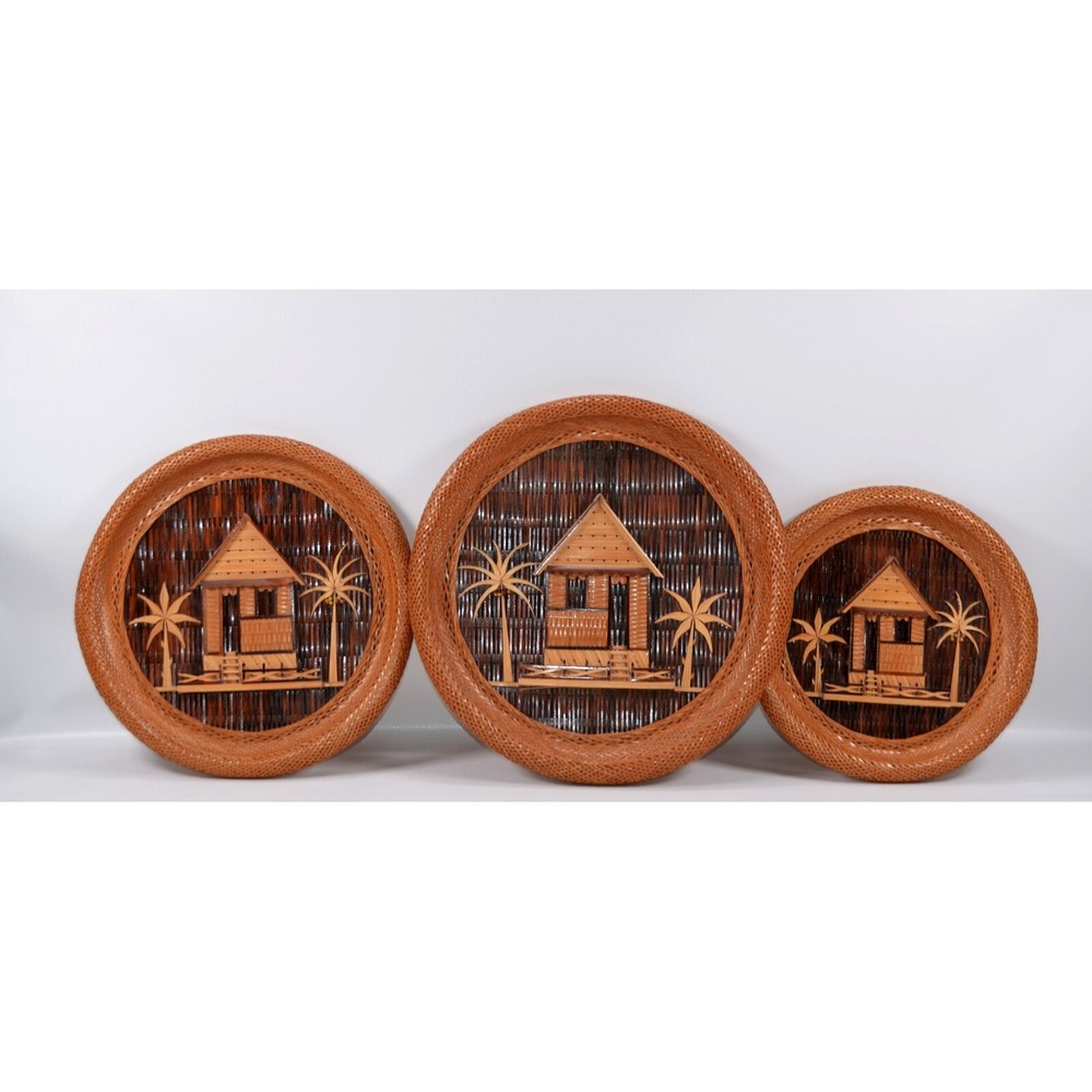 VTG Hand Woven Bamboo Wicker Philippines Round Hanging Wall Home Decor‎ Lot Of 3